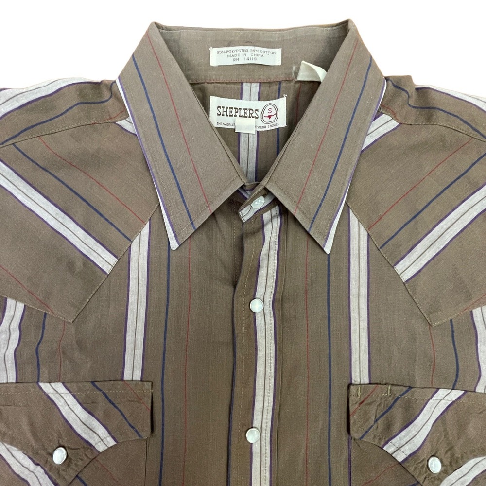 Sheplers Mens XL Shirt Cowboy Western Snap Long Sleeve Brown Stripe Poly/Cotton